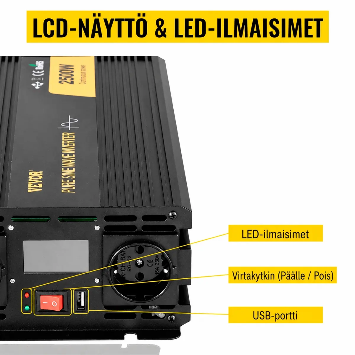 VEVOR ren sinusväxelriktare 2500W 12V till 230V - Bil inverter - 6438471351958 - 2