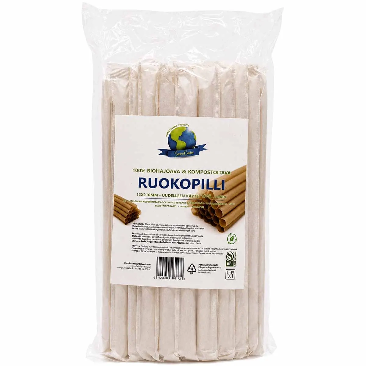 Trinkhalme 50 Stück 12x210mm Bio SaveGaia - Einwegbesteck und Servietten - 6429830161172 - 0