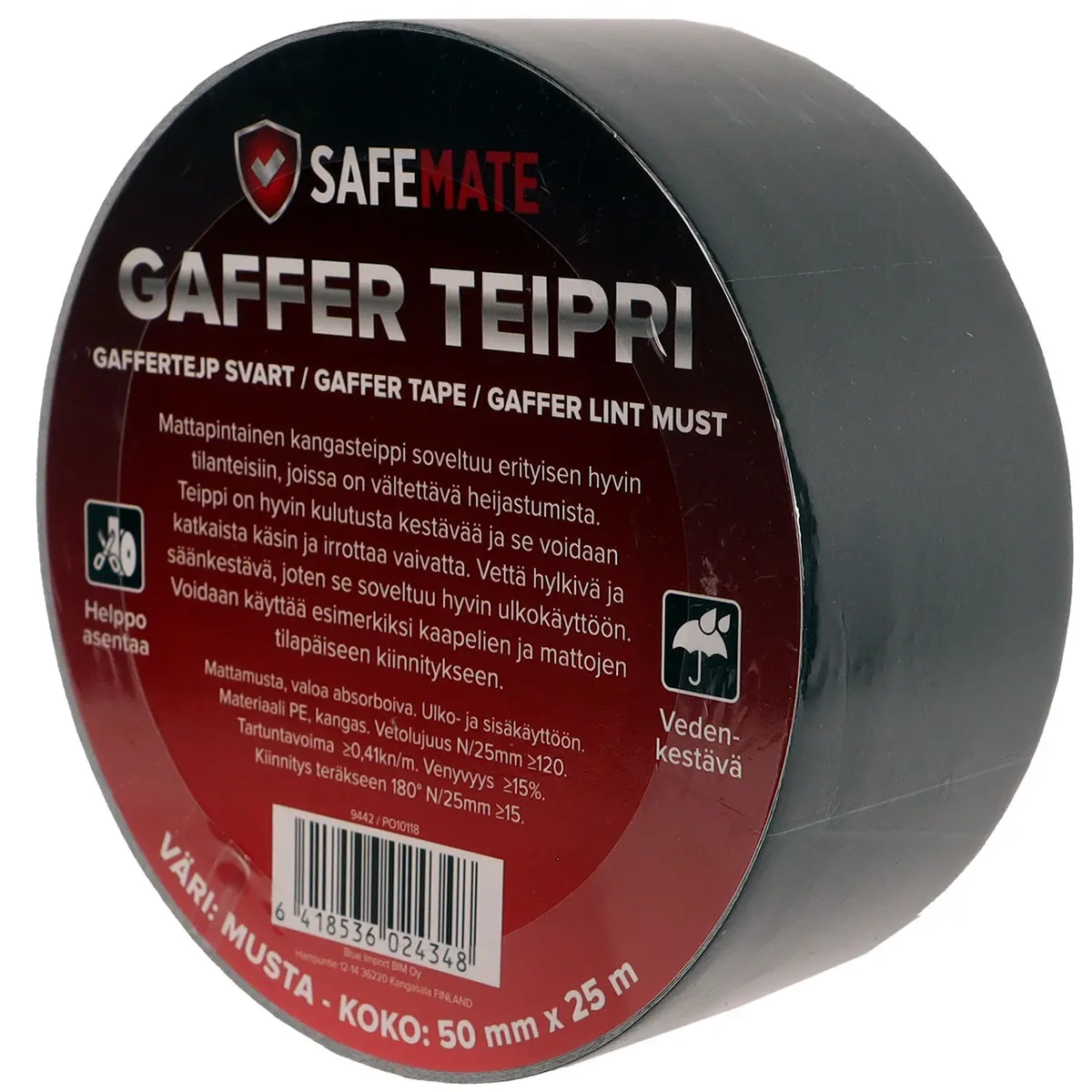 Gaffer Tape 50mm x 25m Schwarz SafeMate - Rutschfeste Klebebänder und doppelseitiges Kl - 6418536024348 - 0